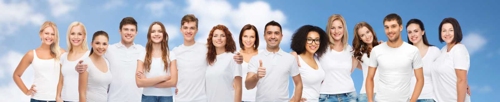 group of happy different people in white t-shirts