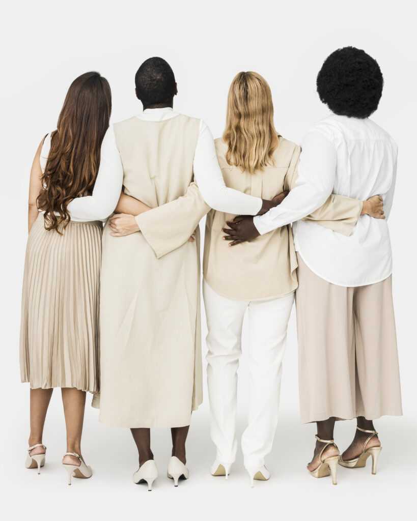 Diverse group of people wearing earth tone casual outfit for app